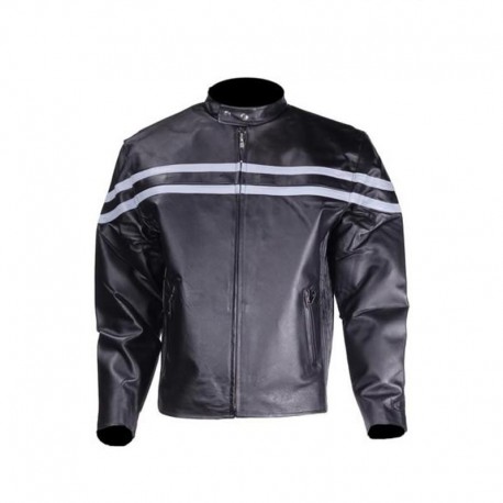 Mens Black Leather Jacket With Stylish Silver Stripes