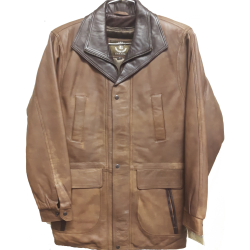 Mens Soft Casual Leather Jacket Tan color with Dark brown collar.