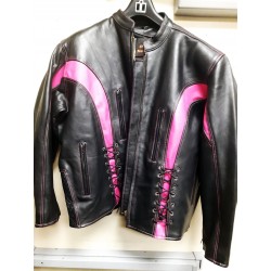 Womens Black & Dark Pink Leather Racer Jacket With Multi Pockets