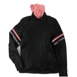 Ladies Premium Leather Jacket Black w/Pink Hoodie