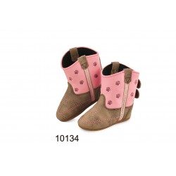 Infant Boots 10134Vintage Brown Crackle Foot with pink stich /Pink Shaft with Flowers Boots -Jama Old West Poppets -