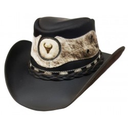 MODESTONE UNISEX LEATHER COWBOY HAT WIDE-BRIM METAL CONCHOS BROWN