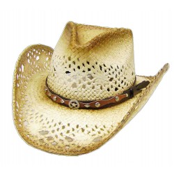 MODESTONE UNISEX STRAW SHERIFF STAR CONCHO COWBOY HAT TAN BROWN