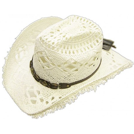 MODESTONE WOMEN'S COOL SUMMERY STRAW HAT STRAW FRINGE ON BRIM WHITE