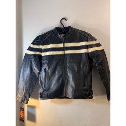 Mens Leather Jacket, Black with 2 white stripes