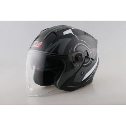 3/4 Black and White Striped Open Face Motorcycle Helmet with Dual Visor Shield