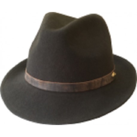 Trilby Brown Hat, Wool Felt with leather band and Gold pin