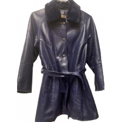 Blue Fine Leather Ladies' Jacket with Imitation Fur Collar