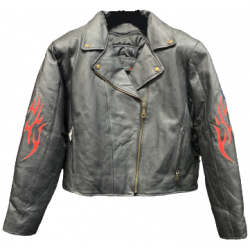 Ladies' Black Leather Jacket with Red Leather Flames