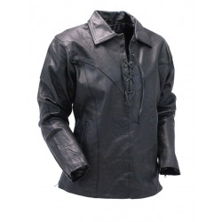 Men's Black Leather Lace Up Pullover Shirt with Side Zippers