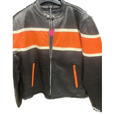 Men's Black Leather Racer Jacket with Orange Stripes