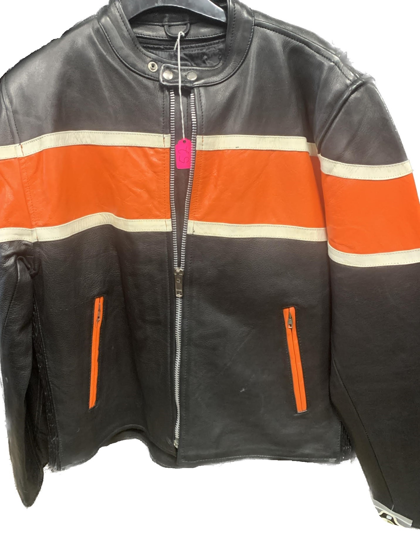 Men s Black Leather Racer Jacket with Orange Stripes Leather