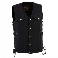 Men's Black Side Lace Denim Vest with Chest Pockets