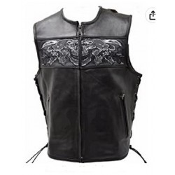 Milwaukee Leather Vest W/Reflective Skulls Front & Back, Side Laces