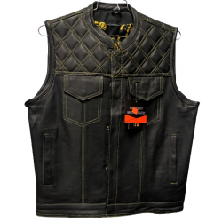 Men's Black Leather Vest with Yellow Stitching