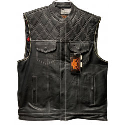 Men's Black Leather Vest with White Stitching