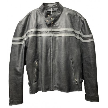 Men's Black Leather Motorcycle Jacket with Double Grey Stripes
