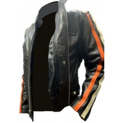 Mens Racing Leather Motorcycle Jacket With Orange/White Stripes