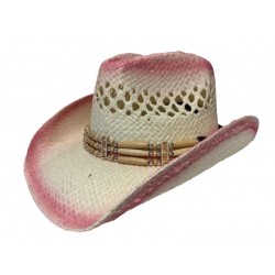 Lady's Beige Straw Hat, Pink Highlights and Ornamental Hatband - No.217