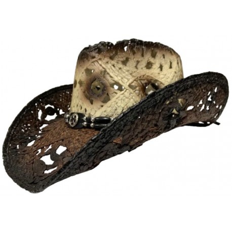 Tan & Brown Straw Cowboy Hat with Hatband - No.6095