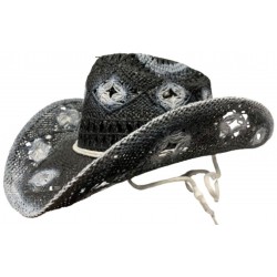 Black Straw Cowboy Hat with White Highlights & Hat Band - 6094