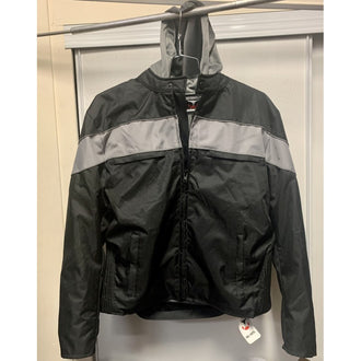 Hooded Black Textile Motorcycle Jacket with Grey Stripe