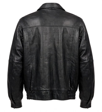 Black Leather Bomber Style Snap‑Front Jacket — Classic Edition 1529