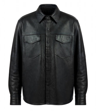 Men's 911 Black Plain Leather Cowhide Leather Shirt