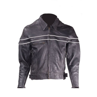 Mens Leather Racer Motorcycle Jacket With Reflective Piping