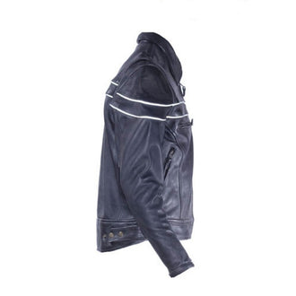 Mens Leather Racer Motorcycle Jacket With Reflective Piping