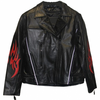 Men's Black Leather Jacket with Red Leather Flames 2494