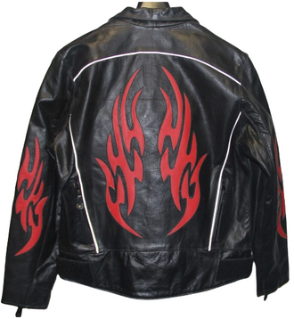 Men's Black Leather Jacket with Red Leather Flames 2494