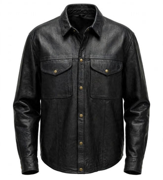 Men's 912 Black Plain Leather Cowhide Leather Shirt