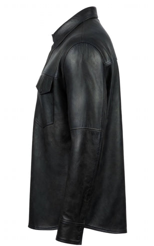 Men's 911 Black Plain Leather Cowhide Leather Shirt