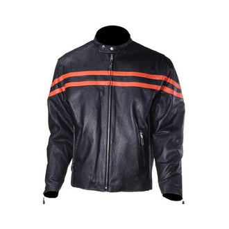 Men's Black Leather Racer LK Jacket with Orange Stripes