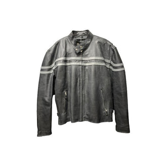 Men's Black Leather Motorcycle Jacket with Double Grey Stripes
