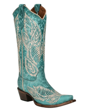 Turquoise Feather Embroidery Snip Toe Western Boots by Circle G