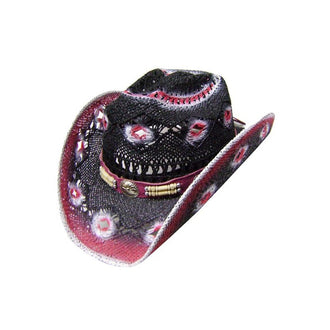 MODESTONE WOMEN'S STRAW COWBOY HAT WHITE FUCHSIA BLACK