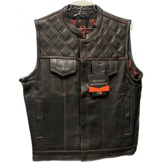 Men's Ten Pocket Black Leather Vest - Red Stitching