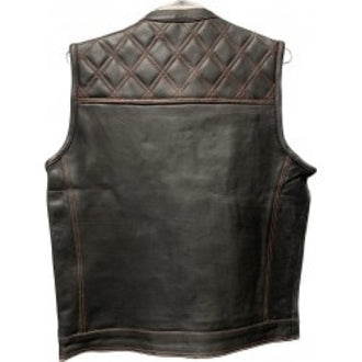 Men's Ten Pocket Black Leather Vest - Red Stitching