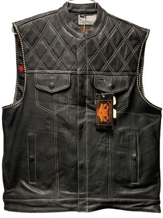 Men's Ten Pocket Black Leather Vest - White Stitching