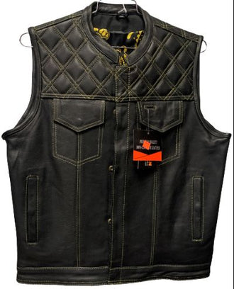 Men's Ten Pocket Black Leather Vest - Yellow Stitching