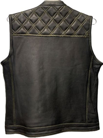 Men's Ten Pocket Black Leather Vest - Yellow Stitching