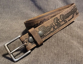 Men's Wildlife Belt, Embossed Horses, Antique buckle