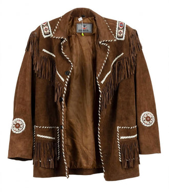 Men's Brown Fully Decorated Western Leather Frill Jacket 002
