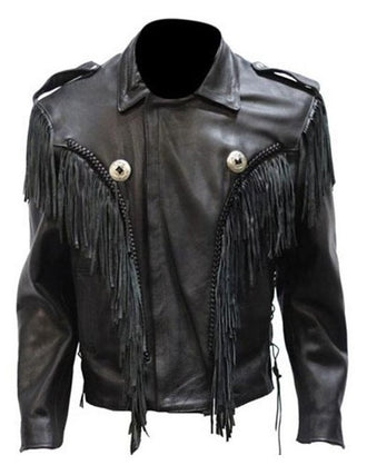 Mens Leather Bonjovi Jacket With Braid & Fringe