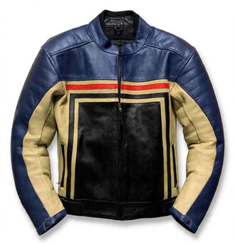 Men's Armoured Leather Motorcycle Jacket Blue/Tan CD 105