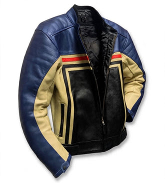 Men's Armoured Leather Motorcycle Jacket Blue/Tan CD 105