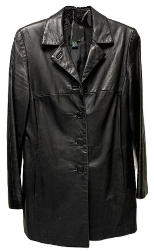 Woman's Black Leather Length Long Button-Up Casual Jacket 2620