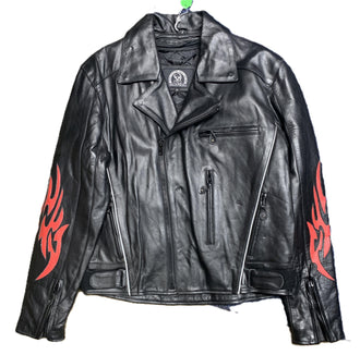 Men's Black Leather Jacket with Red Leather Flames 2494